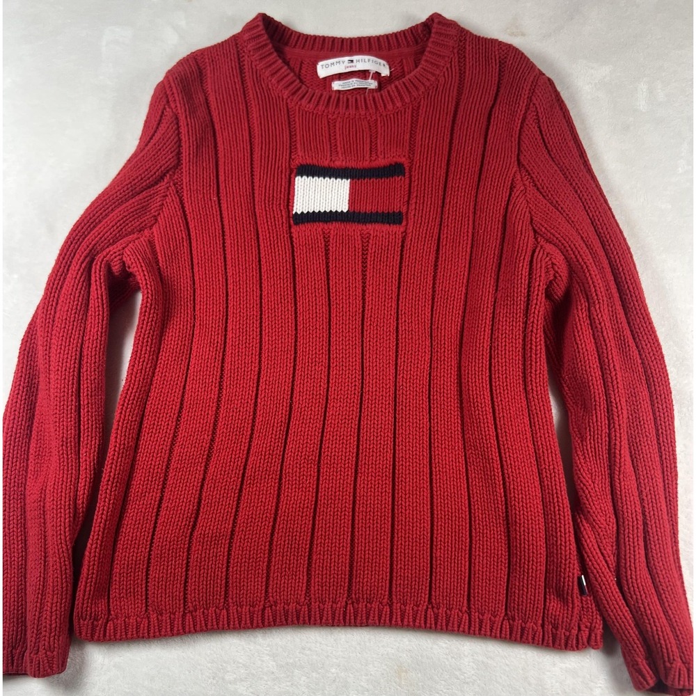 Tommy Hilfiger Jeans Sweater Womens Medium Red Flag Logo 100% Cotton Rib Knit